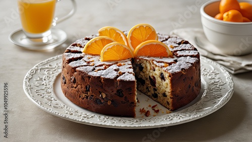 Traditional fruit and nut cake topped with icing and orange slices, displayed on a rustic cake stand.