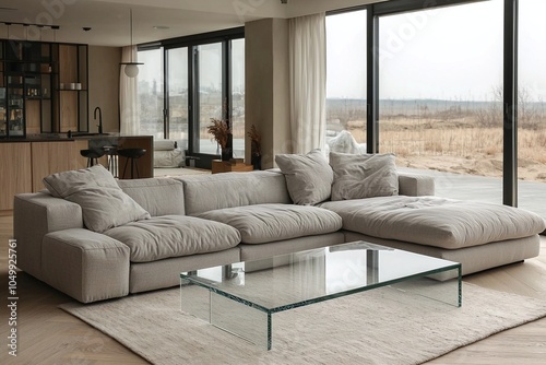 A Scandinavian interior photo of a modern living room with sofa and table view. Generative AI
