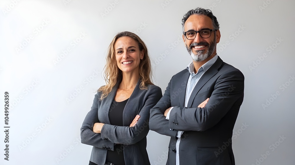 Confident Business Executives Standing with Arms Crossed in Modern Office Setting Confident Business Executives Standing with Arms Crossed in Modern Office Setting