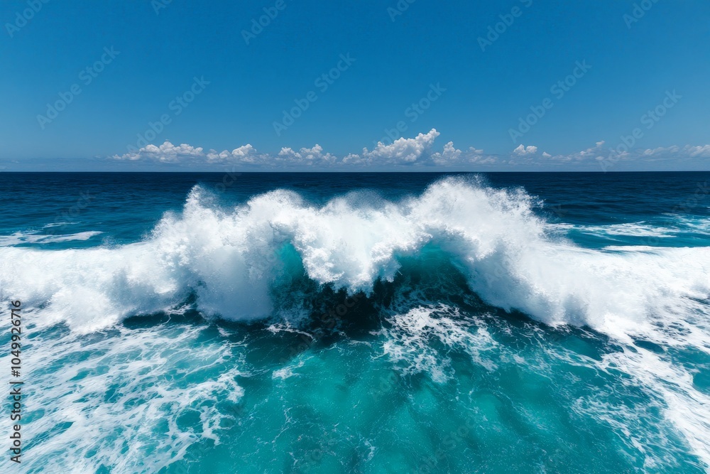 Fototapeta premium A stunning ocean wave crashing powerfully onto the shore with a bright blue sky above, embodying the beauty and force of nature in a serene, vast landscape.