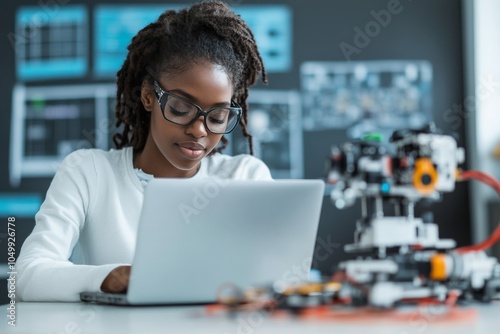 A focused young woman with glasses works on a laptop, surrounded by robotic components, highlighting a fusion of technology and creativity. photo