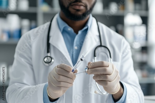 A professional doctor in a white coat and gloves is meticulously preparing a syringe for use, conveying a sense of precision and care in a clinical environment. photo