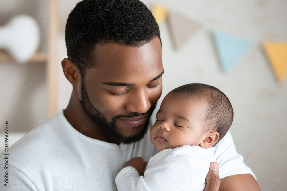 A serene father gently cradles his sleeping newborn in a nursery, illustrating warmth, love, protection, and the profound bond between parent and child. A serene father gently cradles his sleeping newborn in a nursery, illustrating warmth, love, protection, and the profound bond between parent and child.