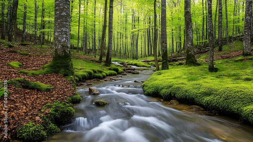 Obraz premium A serene forest in early spring, with fresh green leaves just starting to sprout, a carpet of moss underfoot, and a gentle stream meandering through the trees