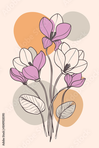 Cyclamen Branch with Beautiful Colorful Flowers and Artistic Color Blobs Vector Design
