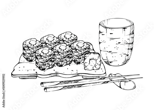Japanese food maki sushi roll set on ceramic plate, matcha tea, chopsticks. Raw fish salmon tuna cucumber kappa wasabi, hand drawn in vector pen, ink. Illustration restaurant, cafe menu, recipe book