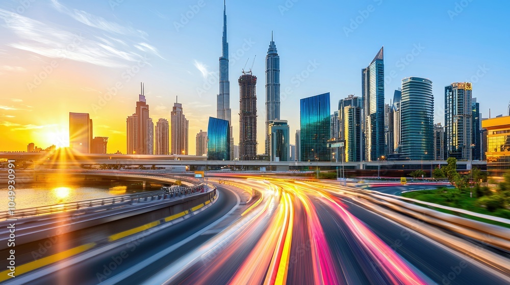 Obraz premium Vibrant Cityscape with Engaging Light Trails at Sunset