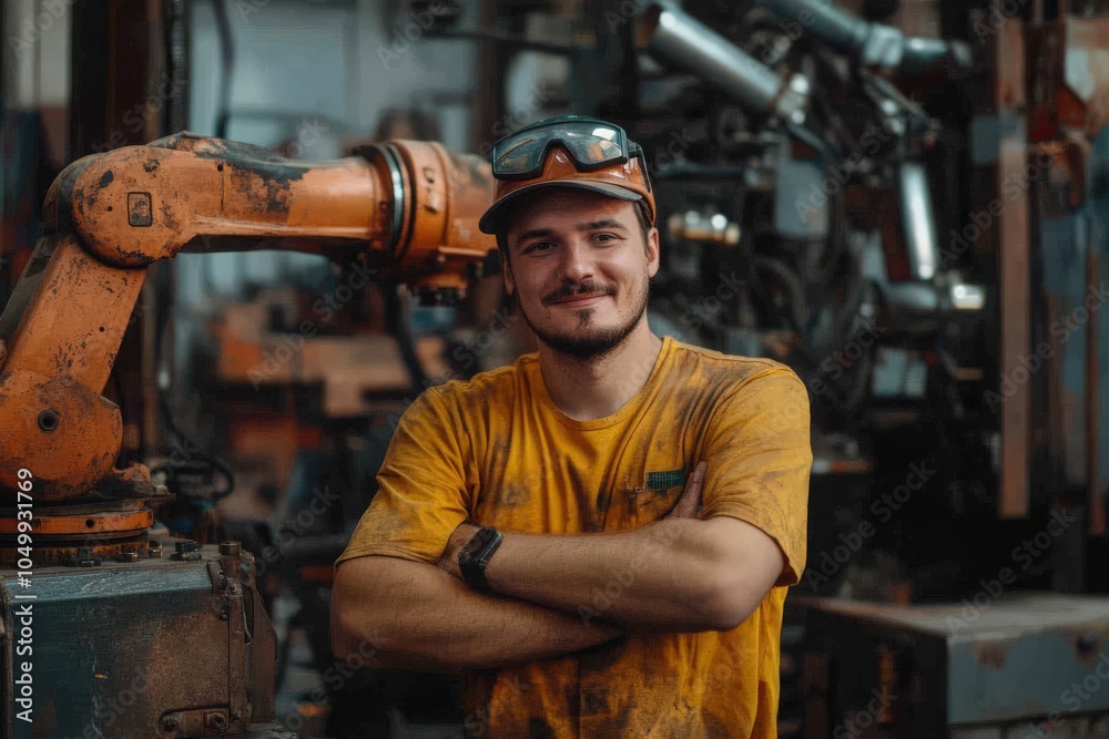 Portrait happy young Caucasian male worker robot arm machine operator in metal factory