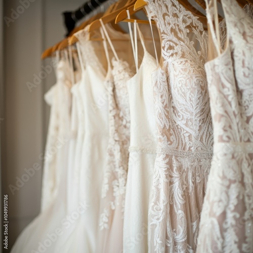 Wedding dresses, bridal gowns, lace details, intricate patterns, white fabric, ivory tones, hanging on wooden hangers, soft lighting, romantic atmosphere, delicate textures, bridal boutique, wedding p