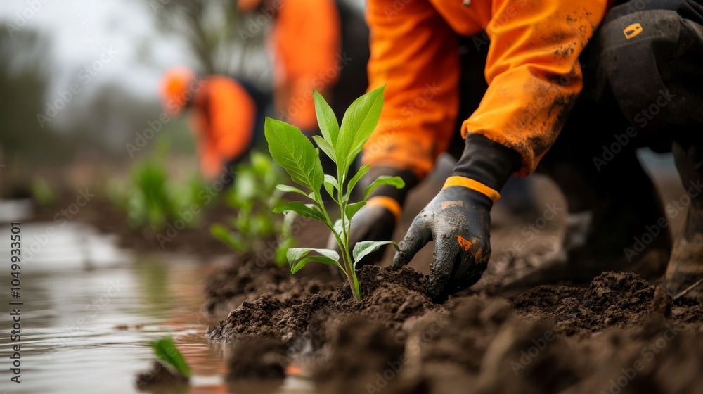 Fototapeta premium Workers Planting Young Seedlings in a Wet Landscape