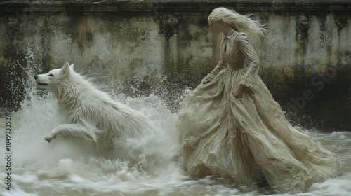 Ethereal woman and white wolf in a mystical water scene