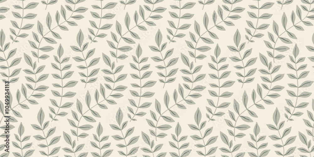 Seamless nature pattern, abstract ornament of hand drawn plants. Botanical design, decorative art print of small green leaves on thin branches. Floral cover with simple foliage. Vector illustration. Seamless nature pattern, abstract ornament of hand drawn plants. Botanical design, decorative art print of small green leaves on thin branches. Floral cover with simple foliage. Vector illustration.
