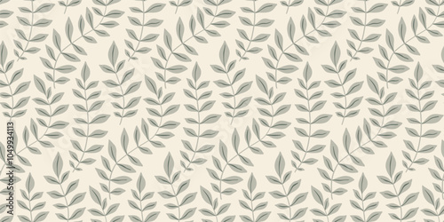 Seamless nature pattern, abstract ornament of hand drawn plants. Botanical design, decorative art print of small green leaves on thin branches. Floral cover with simple foliage. Vector illustration.