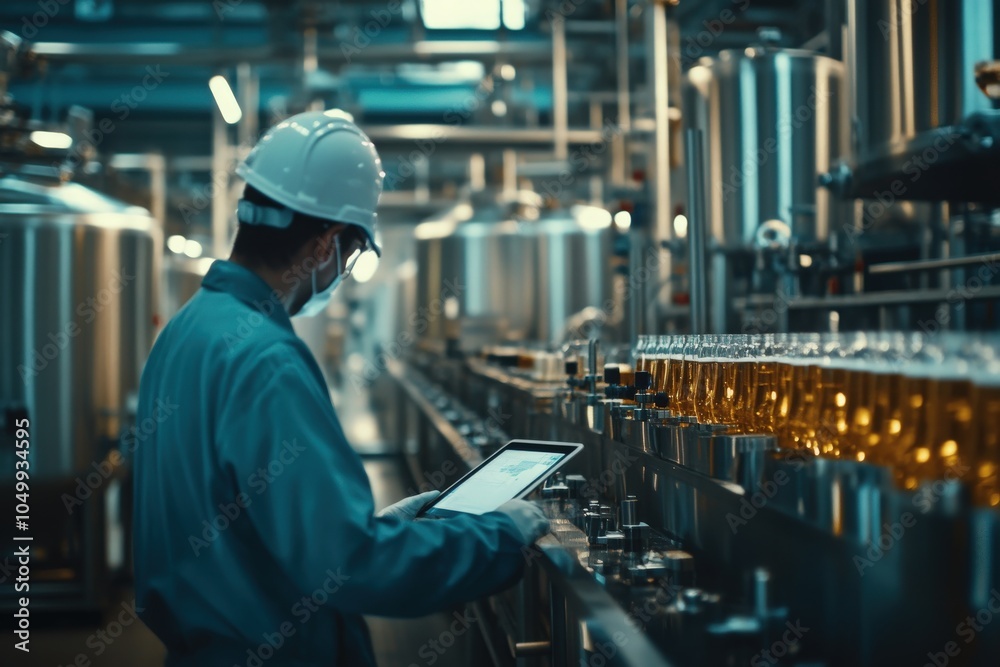 closeup engineer worker tablet in food and drinks factory industry monitor operate control inspecting production line high pressure tank production line closeup engineer worker tablet in food and drinks factory industry monitor operate control inspecting production line high pressure tank production line