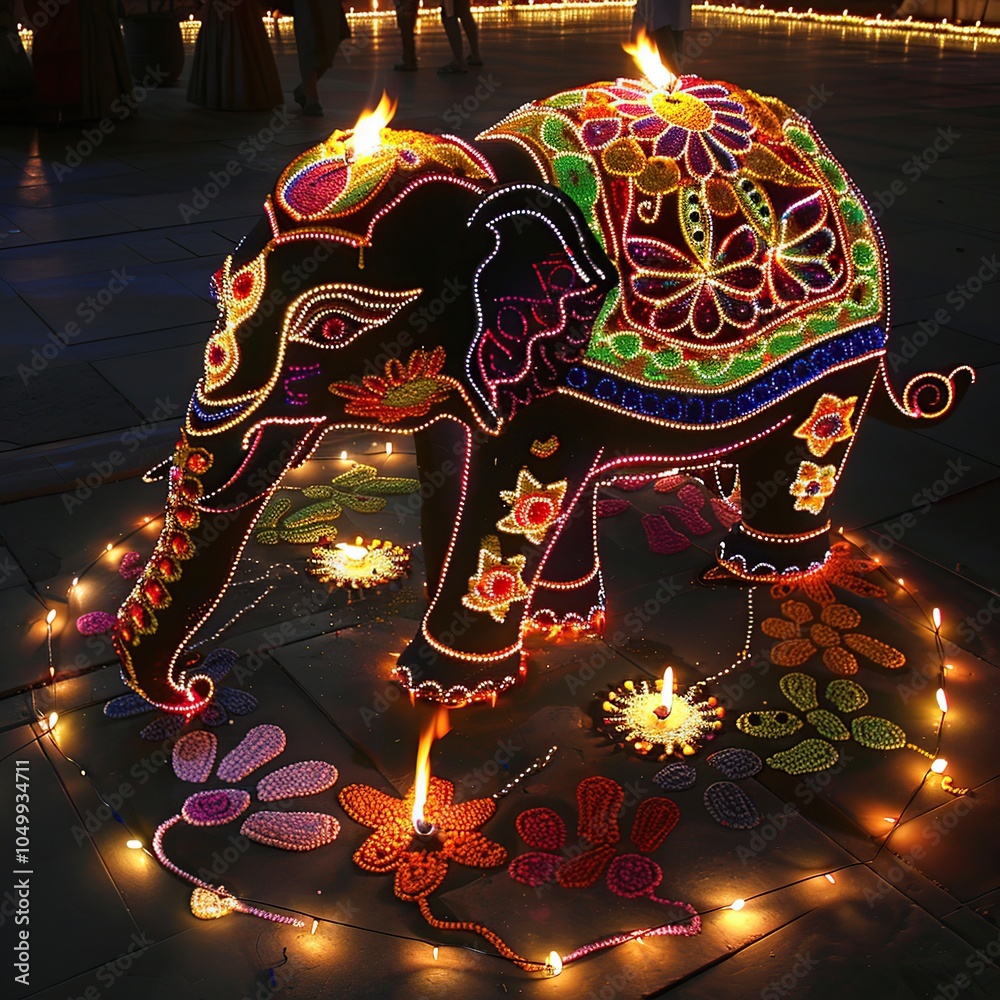 Obraz premium Elephant Decorated with Diwali Lights and Rangoli Patterns for Diwali Celebration