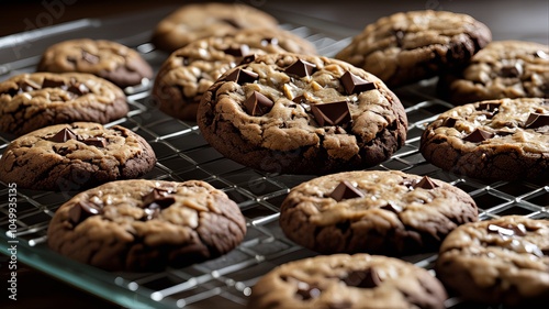 Close-up of warm, chocolate chunk cookies cooling on a rack, perfect for dessert or snack inspiration.