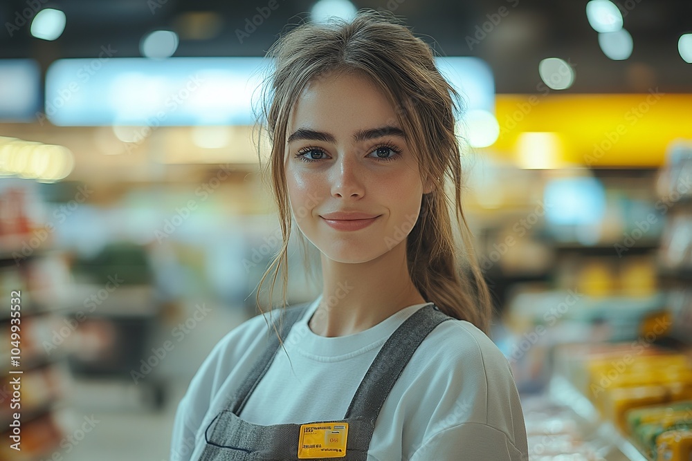 A portrait shot of a friendly supermarket cashier standing behind the register, wearing a simple uniform and nametag, surrounded by shelves of products in a brightly lit grocery store A portrait shot of a friendly supermarket cashier standing behind the register, wearing a simple uniform and nametag, surrounded by shelves of products in a brightly lit grocery store