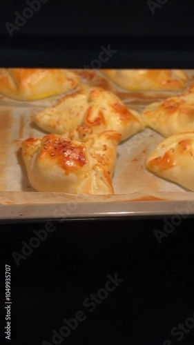 VERTICAL SHOT Close up of burger buns with sesame seeds baking in the hot oven. Thanksgiving baking.