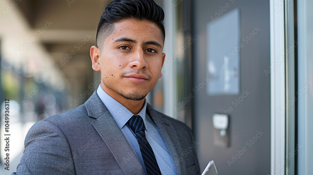 Obraz premium Mexican businessman with serious friends expression. Male man in a sleek suit and tie looking directly into the camera with focus and confidence with nature on background. Copy paste empty place
