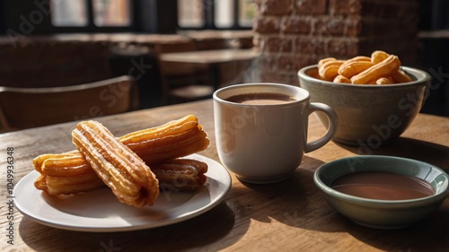 A cozy Spanish breakfast setup with churros and a cup of thick hot chocolate for dipping, set on a small café table with natural light streaming in 