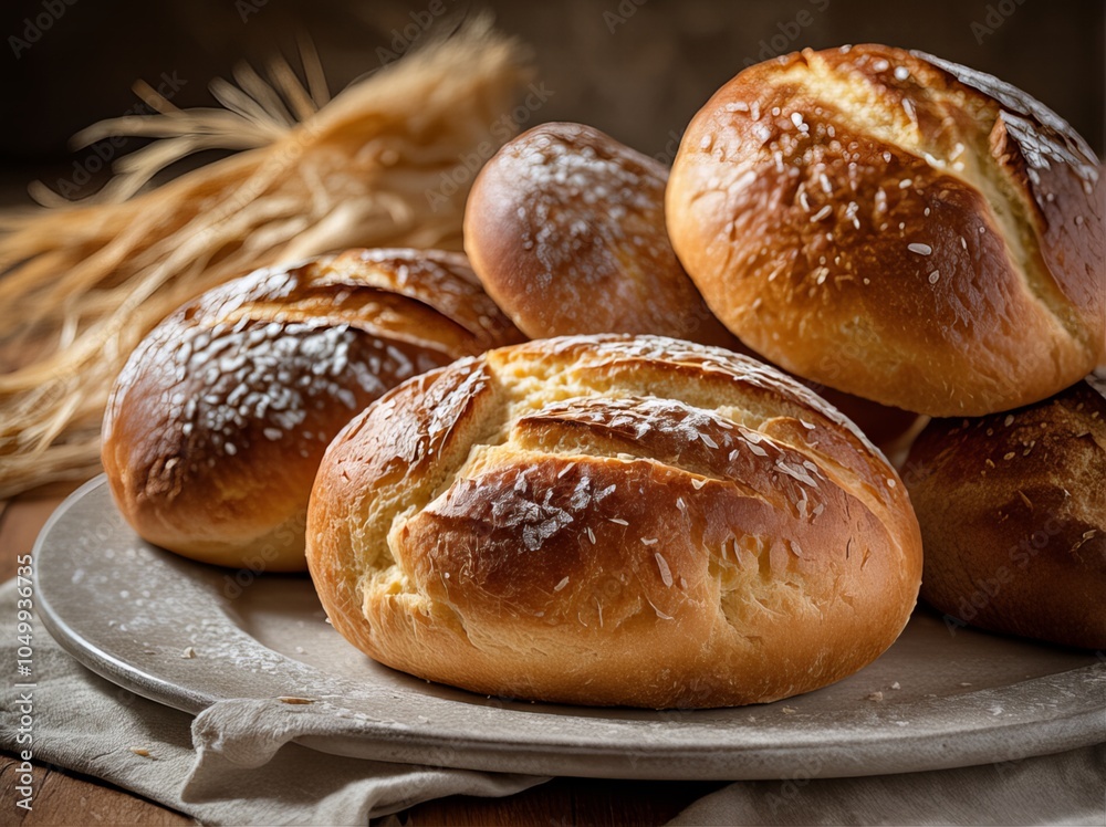 Close-up of freshly baked bread rolls with a golden crust on a plate, decorated with wheat in the background. Close-up of freshly baked bread rolls with a golden crust on a plate, decorated with wheat in the background.