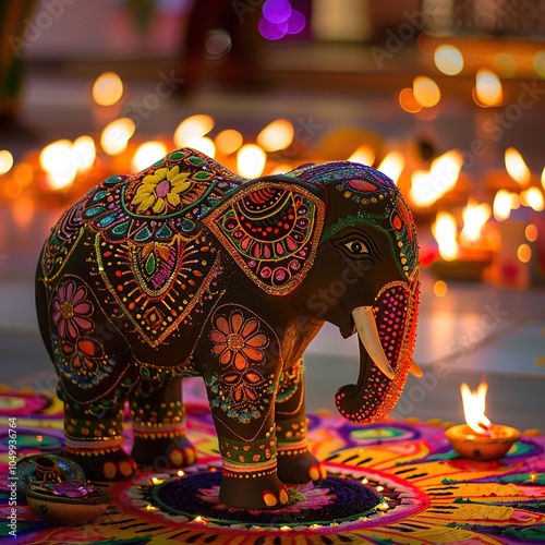 Elephant Decorated with Diwali Lights and Rangoli Patterns for Diwali Celebration photo