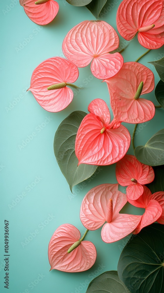 Beautiful assortment of pink and green tropical leaves and flowers on a mint green background Beautiful assortment of pink and green tropical leaves and flowers on a mint green background