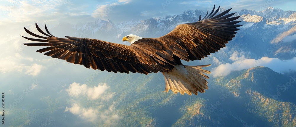 Obraz premium A photorealistic high-angle view of a majestic eagle soaring in the sky, captured in a crisp and detailed manner