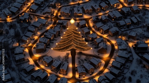 Aerial view of a snowy neighborhood with houses and roads forming the shape of a Christmas tree, illuminated with glowing holiday lights and a large star on top, creating a festive winter scene photo