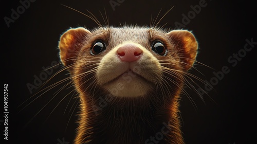 Capture a ferret from a worms-eye view, emphasizing its inquisitive gaze and sleek fur in a hyper-realistic digital illustration