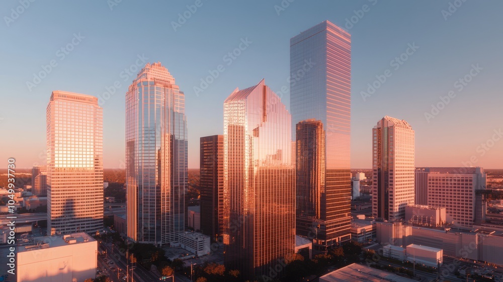 Obraz premium Majestic Sunset in City Financial District with Skyscrapers Reflecting Warm Hues | Ultra-Detailed Panoramic View of Modern Urban Landscape