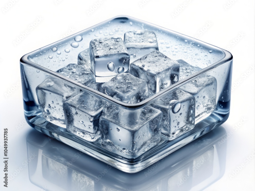 Fototapeta premium Vintage Style Photography of Ice Cubes in a Rectangular Box with Water Droplets on White Background for Refreshing Beverage Concepts