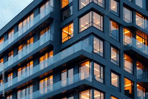 A modern building showcasing an angular design with geometric glass sections and warm interior lighting, exemplifying contemporary urban architectural trends.