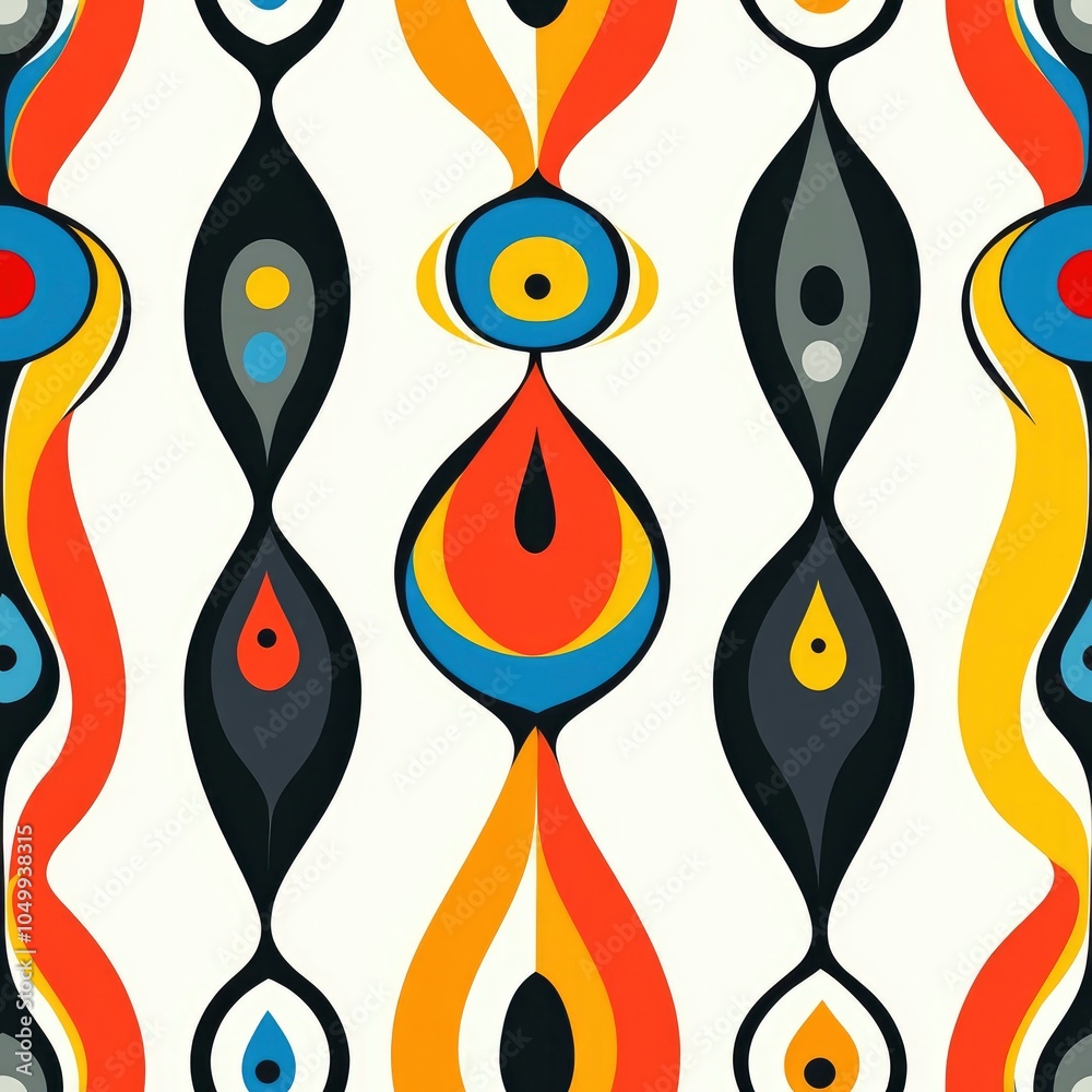 Fototapeta premium Abstract pattern with teardrop shapes, filled with vibrant colours and geometric elements, evoking a sense of movement and rhythm.