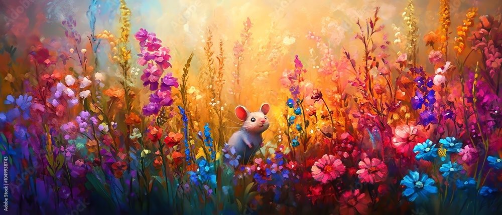 Fototapeta premium Capture a vibrant, wide-angle view of a playful mouse among colorful wildflowers in a digital artwork