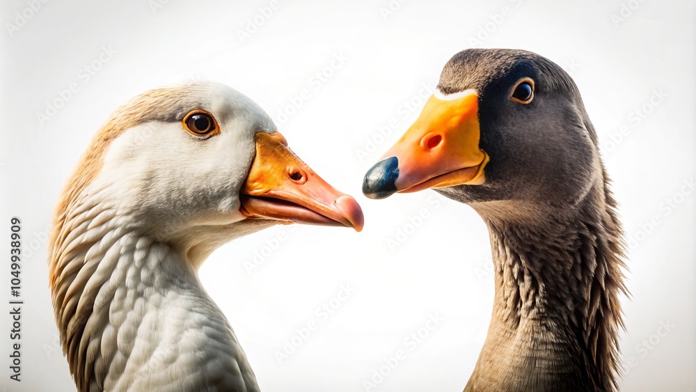 Silhouette Portrait of a Funny Goose and Duck Closeup on a White Background - Unique Animal Photography for Nature Lovers and Wildlife Enthusiasts Silhouette Portrait of a Funny Goose and Duck Closeup on a White Background - Unique Animal Photography for Nature Lovers and Wildlife Enthusiasts