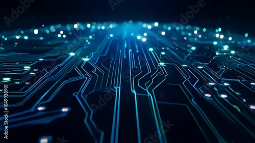 Digital Circuit Board Animating with Flowing Data Lights and Electric Sparks