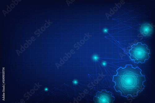 Dark and light blue color background. Technology template for design and edit. Line of hexagon shape and gear with particles element and network conection.