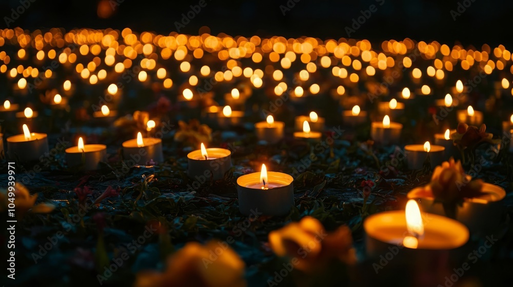 All Saints Day A field of candles flickering in the night, each flame representing a soul, Dark, Mystical, High Contrast