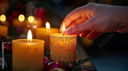 All Saints Day A close-up of a hand lighting a candle in remembrance, warm light creating a gentle glow, Realism, High Detail, Intimate
