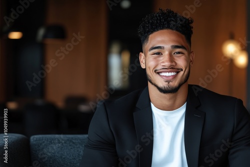 A handsome man in a sleek suit sits comfortably in a cozy office chair, conveying an aura of success and composure within a professional environment.