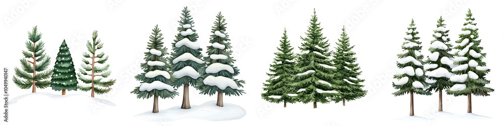 Fototapeta premium Evergreen trees with snow, winter landscape, white isolated background.