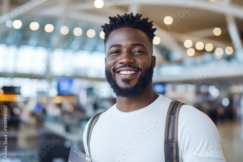 A smiling man stands in a busy airport holding a passport, symbolizing the excitement and anticipation of traveling to a new and adventurous destination. photo