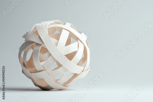 An abstract sphere made of interwoven white ribbons, set against a simple background, symbolizes complexity and elegance in modern artistic design. photo