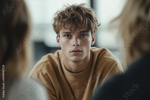 A pensive young man in a casual setting, captured in soft focus, representing thoughtfulness and introspection in a modern and artistic atmosphere. photo