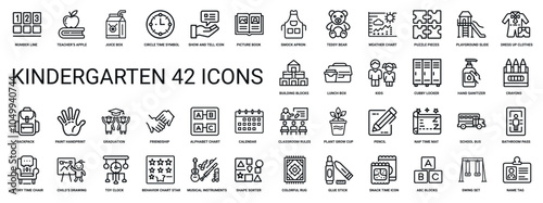kindergarten set 42 thin line icons, learning play, fun activities colors games