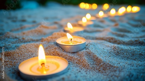 All Saints Day Rows of candles in sand, each flame flickering gently in remembrance, sacred and solemn All Saints Day vibe photo