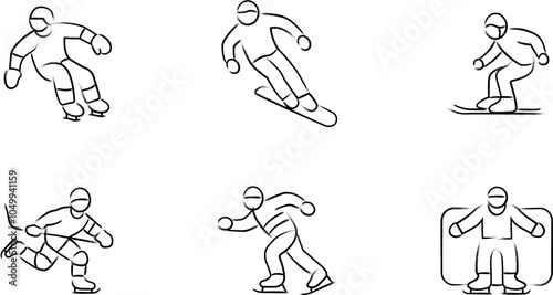 Winter sports icon vector illustration collection in a line outline style. Ski, winter sports and snow Handdrawn Doodle icons.