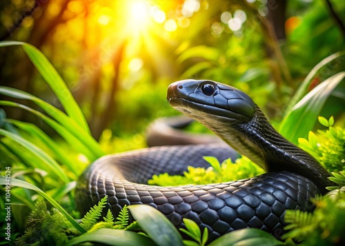 Stealthy Black Mamba Slithering Through Lush Greenery with Copy Space for Text – Captivating Wildlife Imagery for Nature and Reptile Enthusiasts