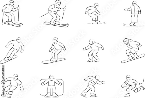 Winter sports icon vector illustration collection in a line outline style. Ski, winter sports and snow Handdrawn Doodle icons.